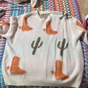Umgee Cream and Orange Cactus Boots Sweater